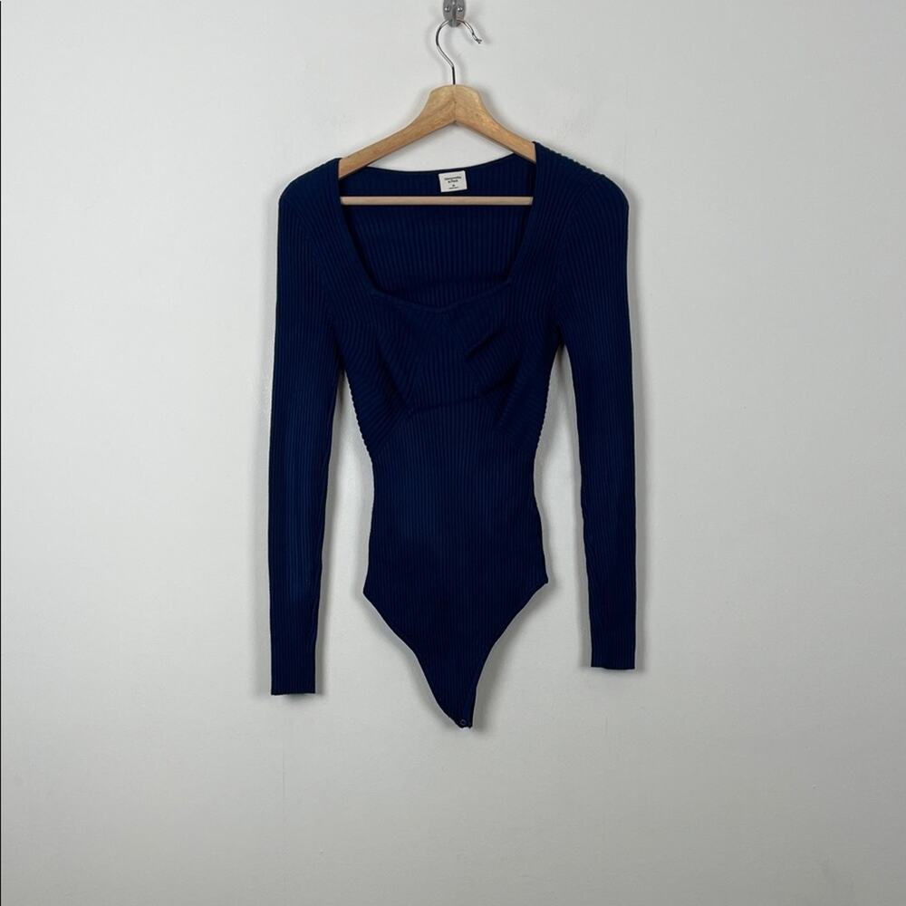 Abercrombie & Fitch Ribbed Sweatheart Navy Long Sleeve Women M Stretch Bodysuit